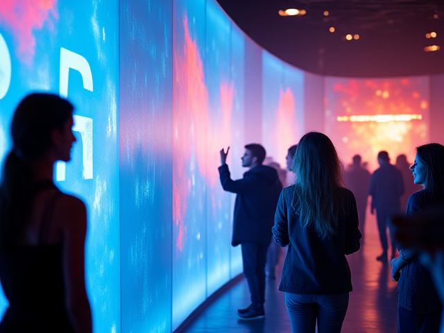 Interactive brand activation booth at a festival, featuring glowing art installations and smiling attendees.