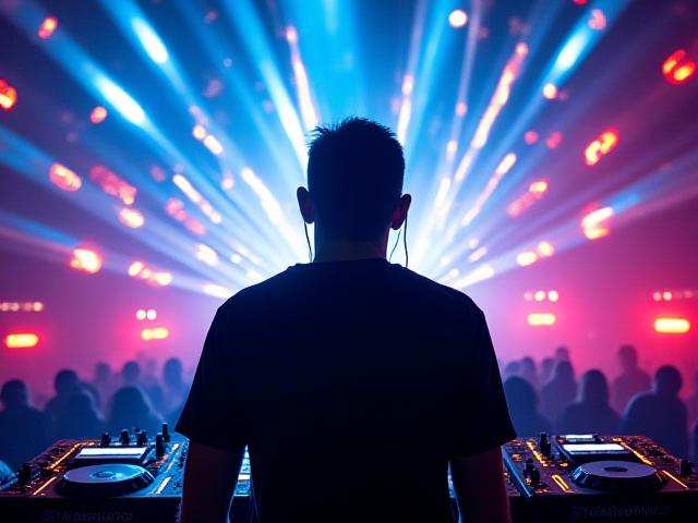 DJ performing at a vibrant Miami club, intricate laser show and energetic audience silhouetted.