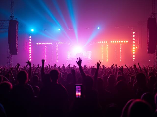 Energetic crowd at an outdoor bass music festival, hands in the air, glowing with stage lights and vibrancy.