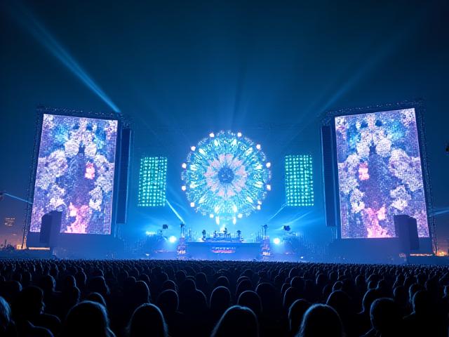 Elaborate stage design at a festival, featuring large LED screens displaying abstract visuals and powerful spotlights.