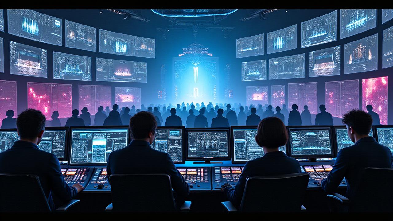 Behind-the-scenes view of a bustling event command center with glowing screens and focused technicians, overseeing a large-scale bass music festival.
