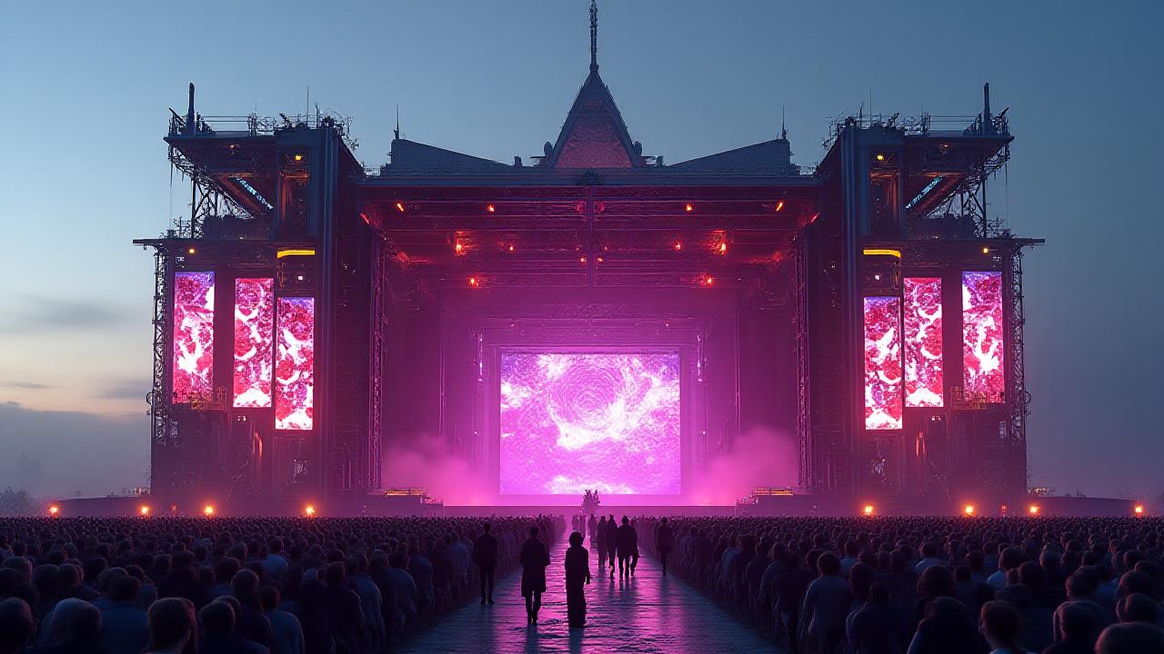 Detailed 3D render of a futuristic outdoor festival stage, glowing with neon lights