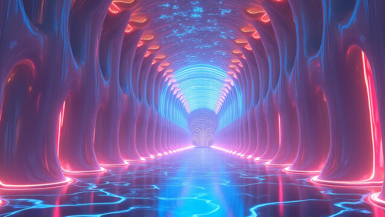 Concept art of a glowing, futuristic arched entrance tunnel with abstract patterns