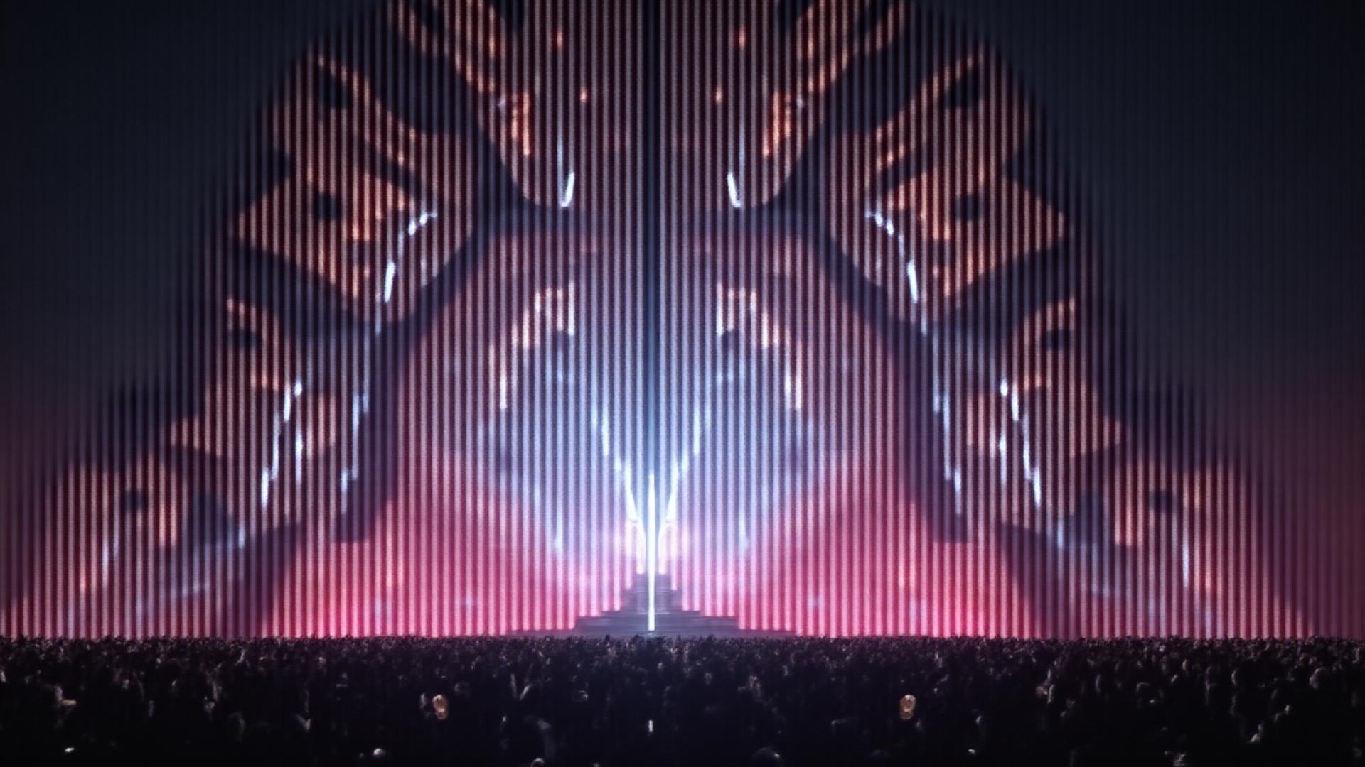 Futuristic 3D render of a conceptual, multi-layered immersive stage design for a bass music festival