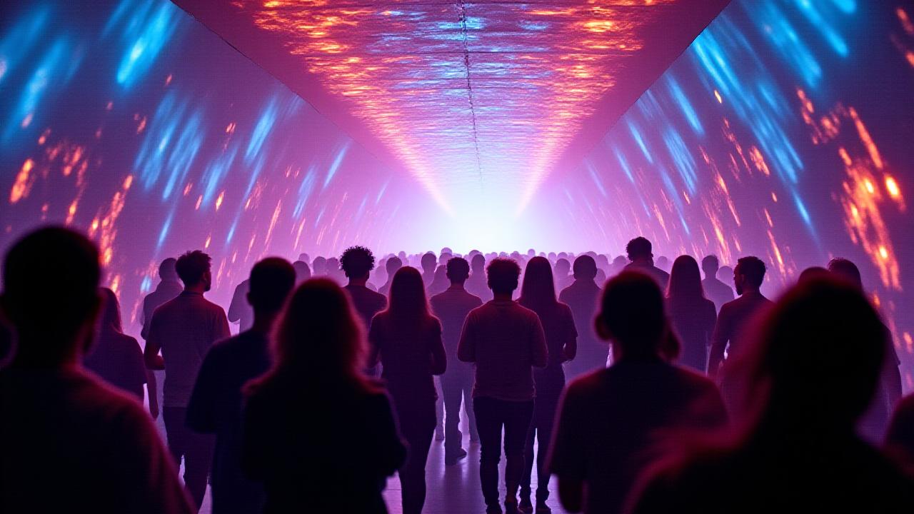 Attendees walking through a vividly lit, futuristic entrance tunnel at a music festival