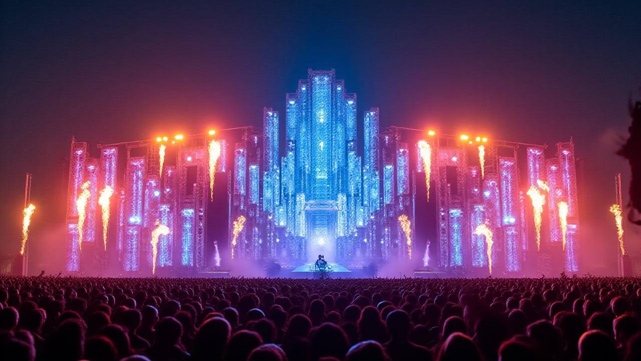 Photorealistic image of a large outdoor festival stage at night, filled with performers and colorful lights