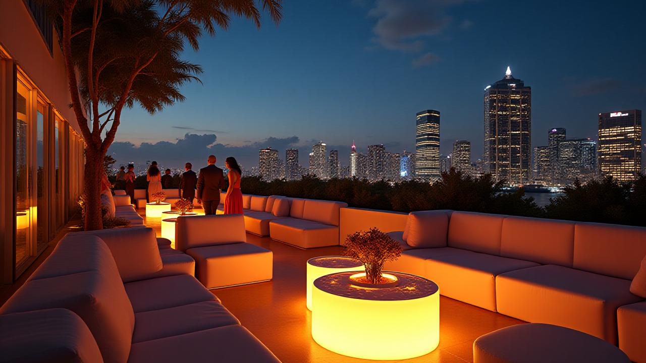 Exclusive rooftop VIP party with Miami skyline at night, subtle lighting, and elegant decor