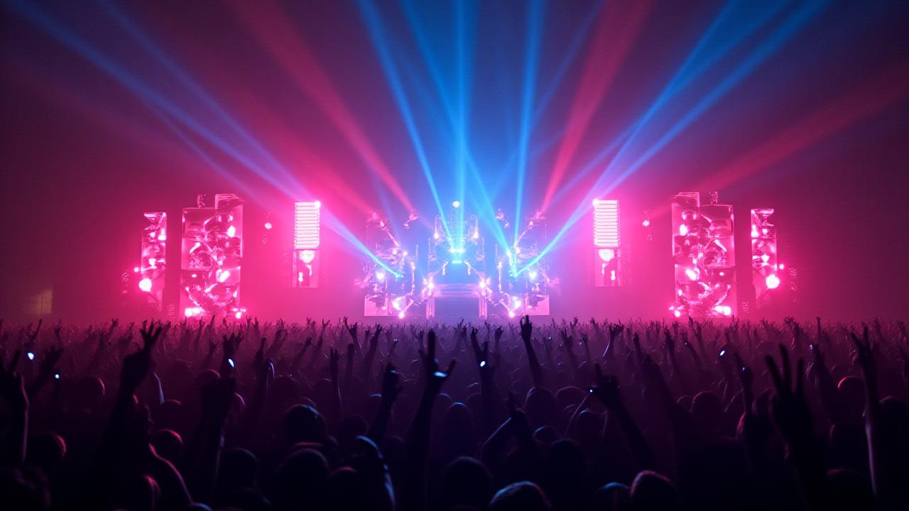 Electrifying club scene with vibrant lasers and a huge crowd, showcasing a high-energy bass music event production