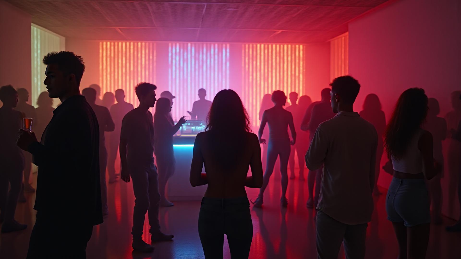 A stylish, intimate bass music pop-up event in a Miami art gallery, people are dressed in fashionable rave wear, a DJ is subtly featured in a corner with glowing equipment.