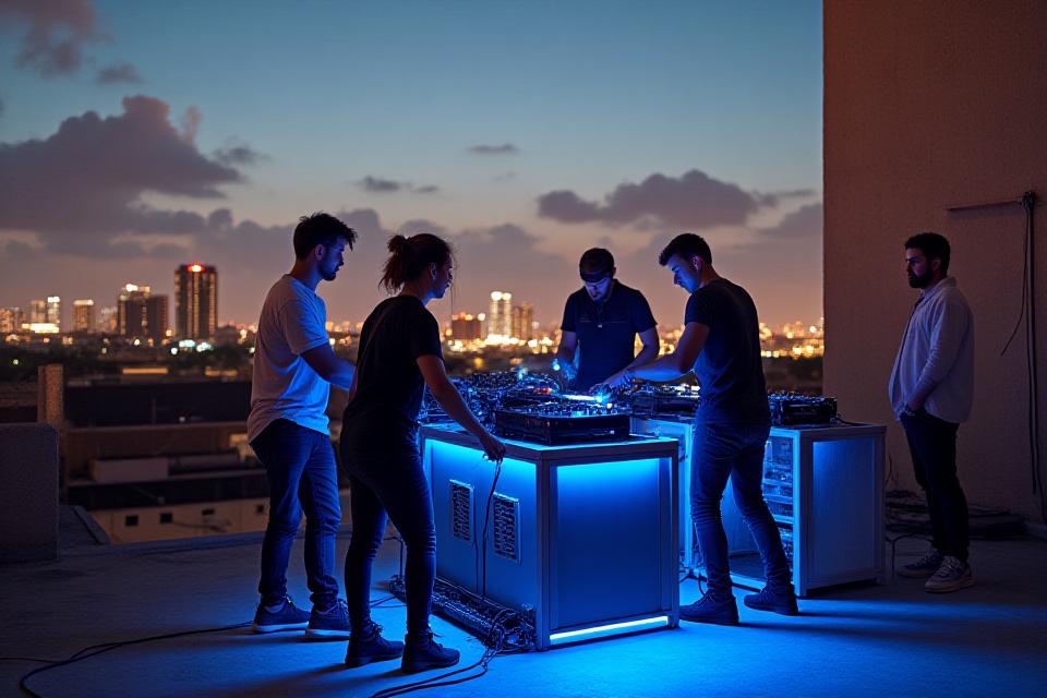 Behind-the-scenes shot of Tidal Bass event production team quickly setting up a custom, glowing DJ booth in a unique, non-traditional Miami venue like an old warehouse or a chic rooftop.