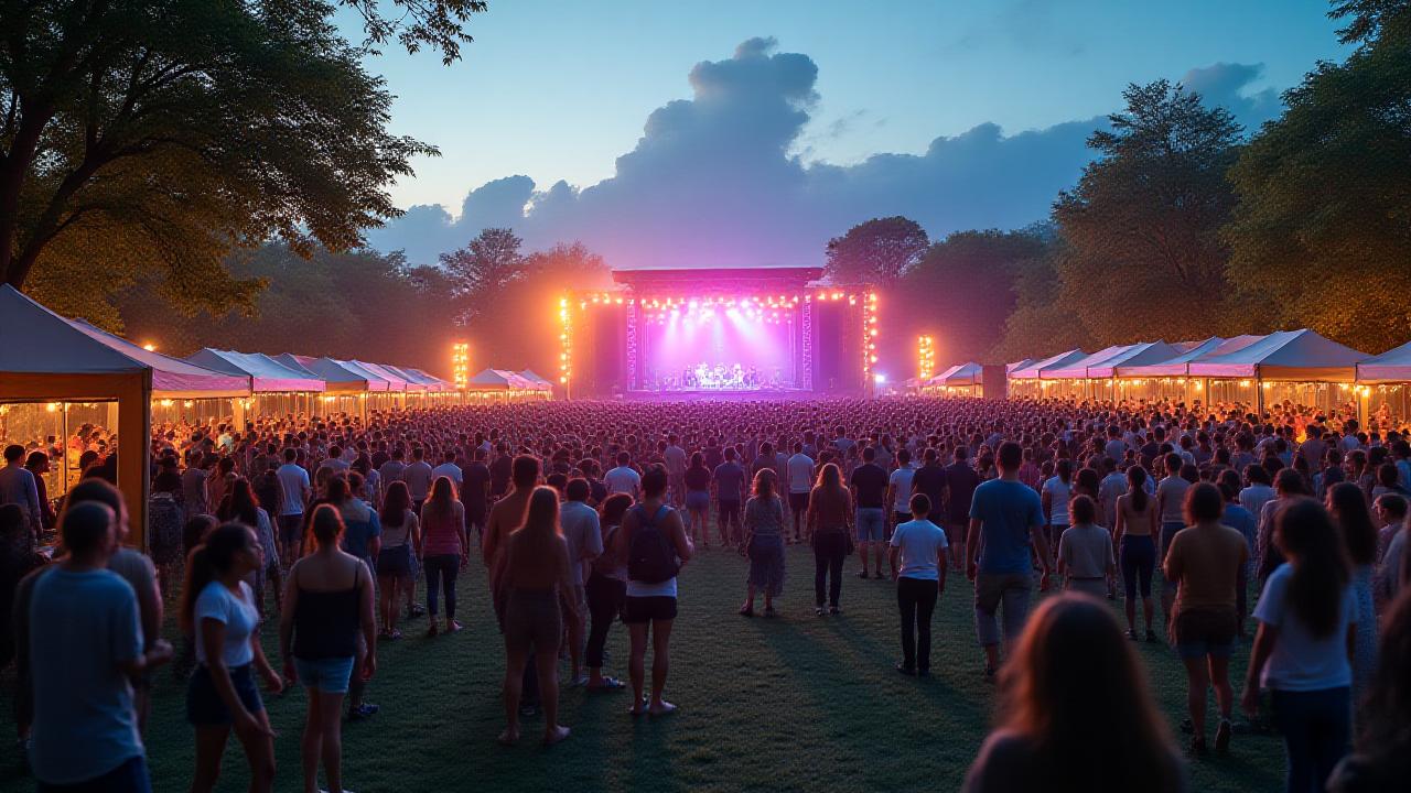 Clean festival ground with recycling stations and a solar panel array in the distance, bathed in natural light.