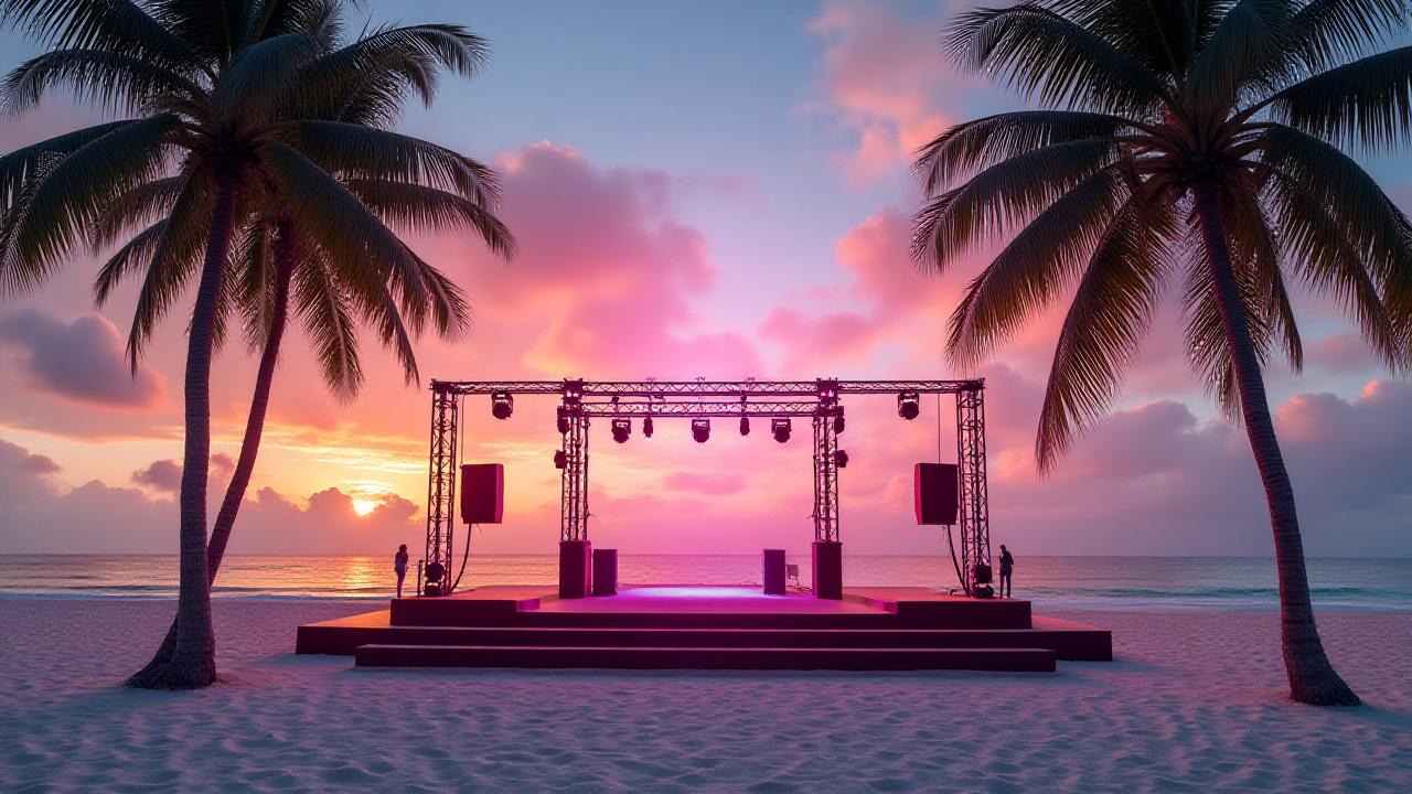 Unique beachfront location at dusk, featuring a professionally set up stage with lighting effects.
