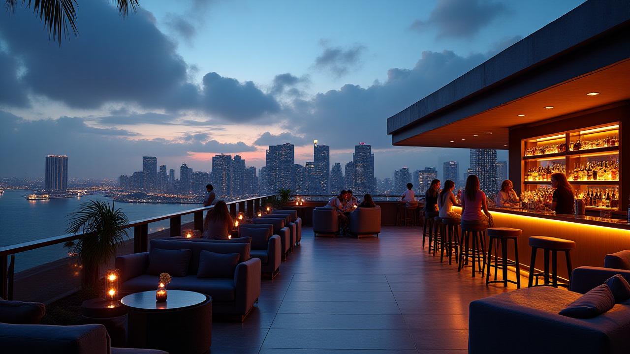 Chic Miami rooftop bar with city skyline views at sunset, set up for a VIP event.