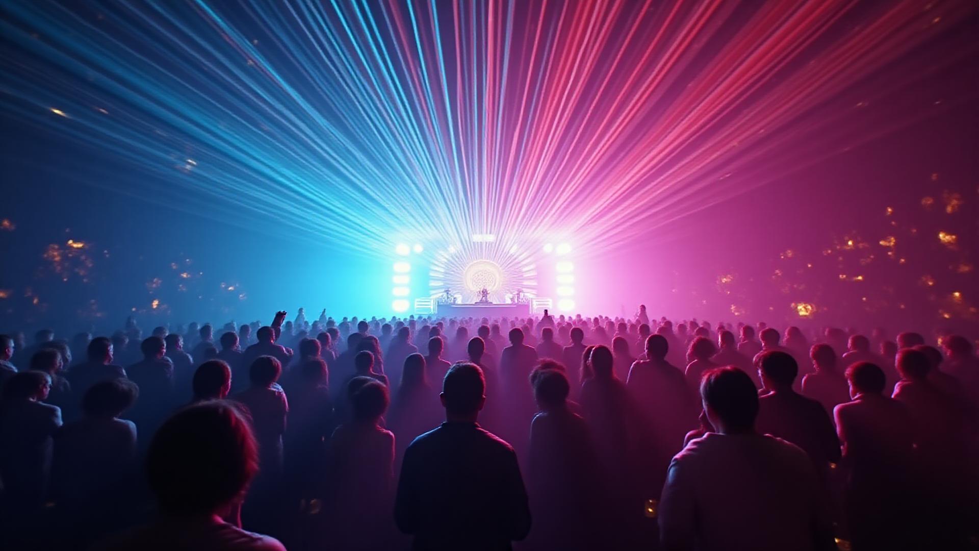 Electrifying view of a packed, vibrant Miami club with a laser light show and energetic crowd.