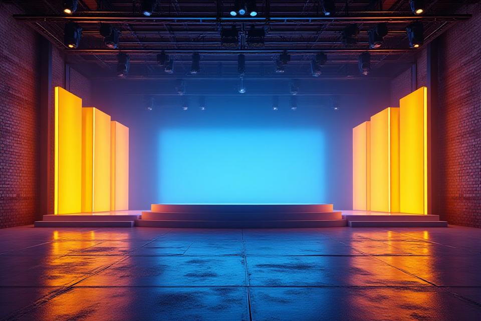 Dramatic view of a large, transformed industrial warehouse space, illuminated with artistic stage lighting, ready for an event.