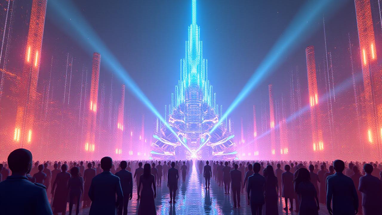 Panoramic view of the 'TidalVerse' festival in a metaverse environment, featuring vibrant, customized stages, digital avatars dancing, and glowing visual effects, all under a digital neon sky.