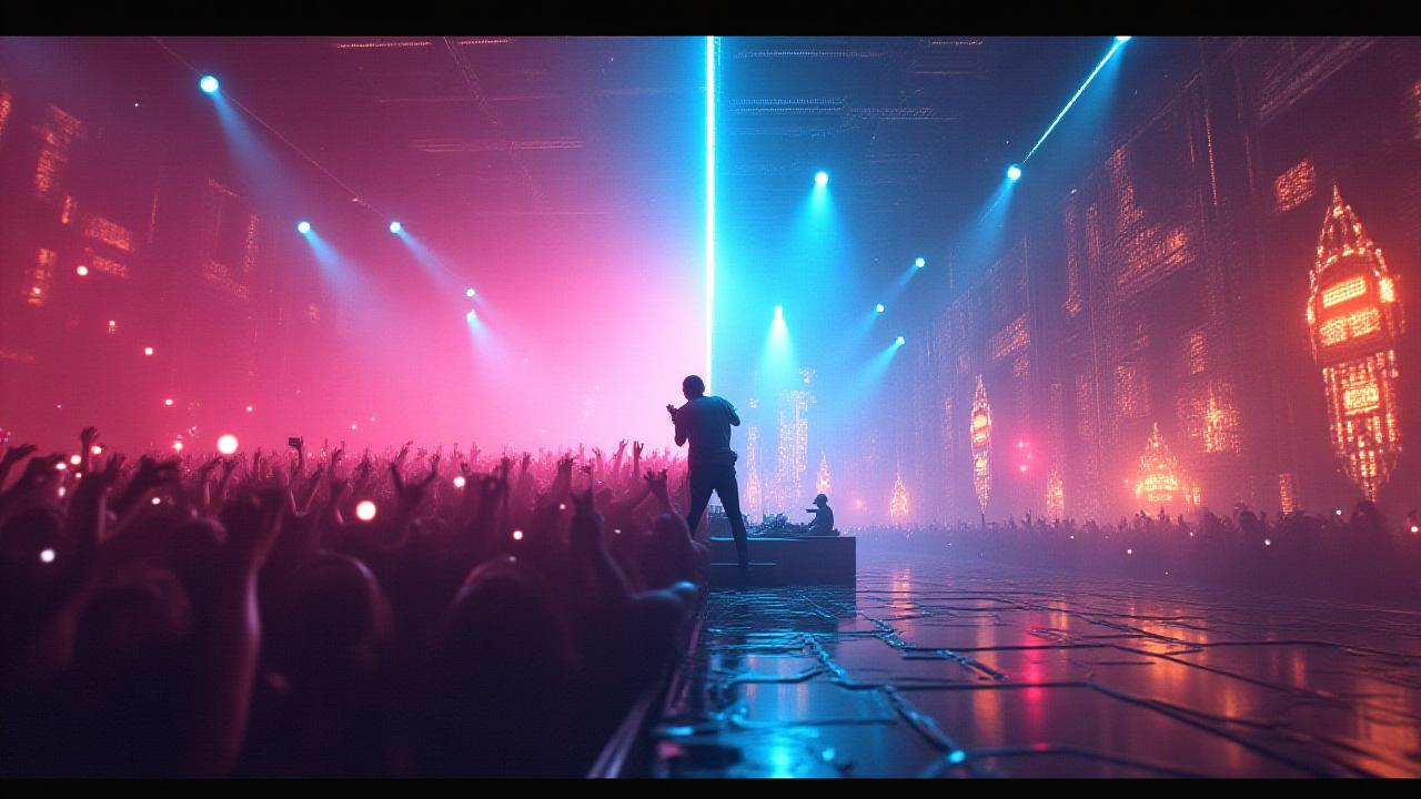 A composite image showing a live DJ performing in a dazzling club on the left, blending seamlessly into a digital avatar DJ performing in a futuristic metaverse environment on the right, symbolizing the bridge between physical and virtual events.